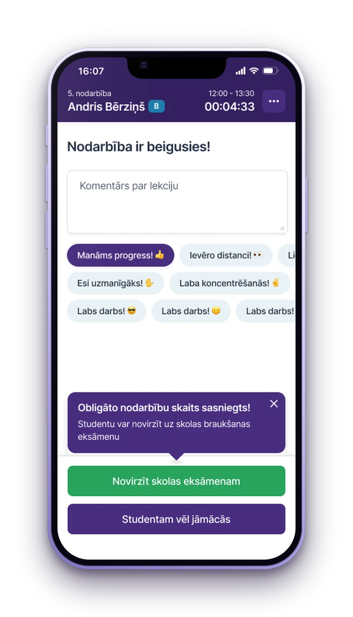 Instruktoru aplikācija – nodarbība beigusies: komentārs, ātrās atsauksmes un novirzīšana eksāmenam