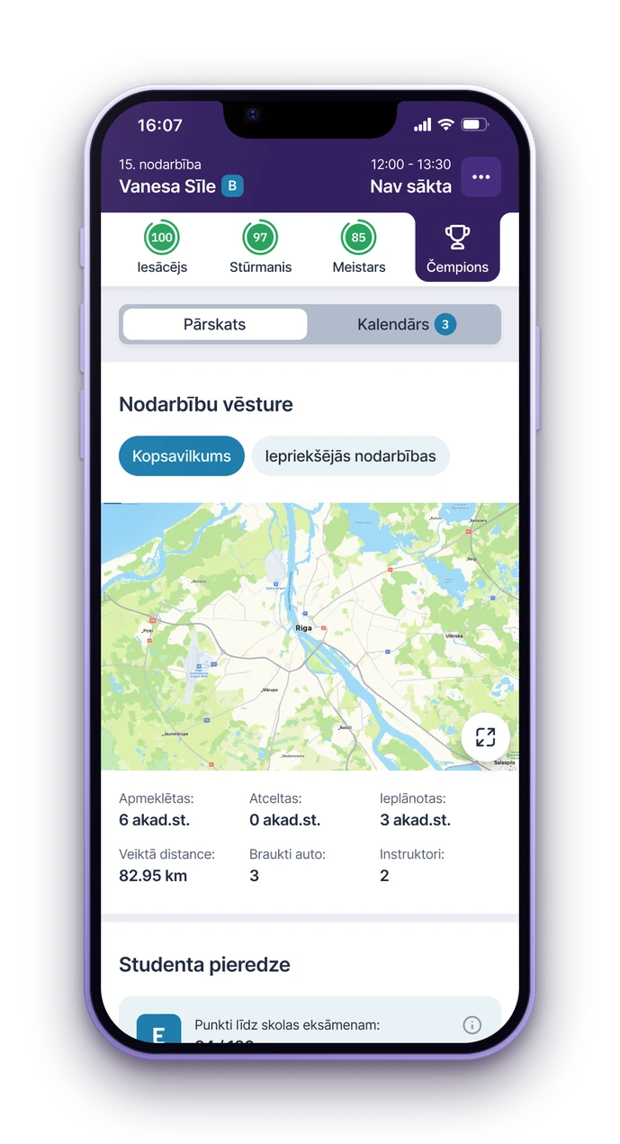 Instruktoru aplikācija – studenta nodarbību vēsture
