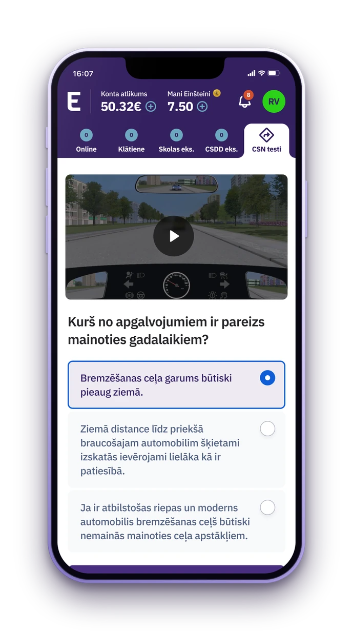 Studentu aplikācija – eksāmenu video ar testa jautājumu