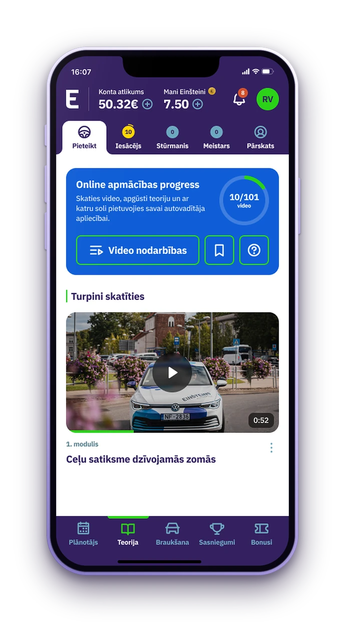 Studentu aplikācija – online apmācības progress un video nodarbības